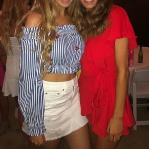 Blue and White Embroidered Off-Shoulder Crop